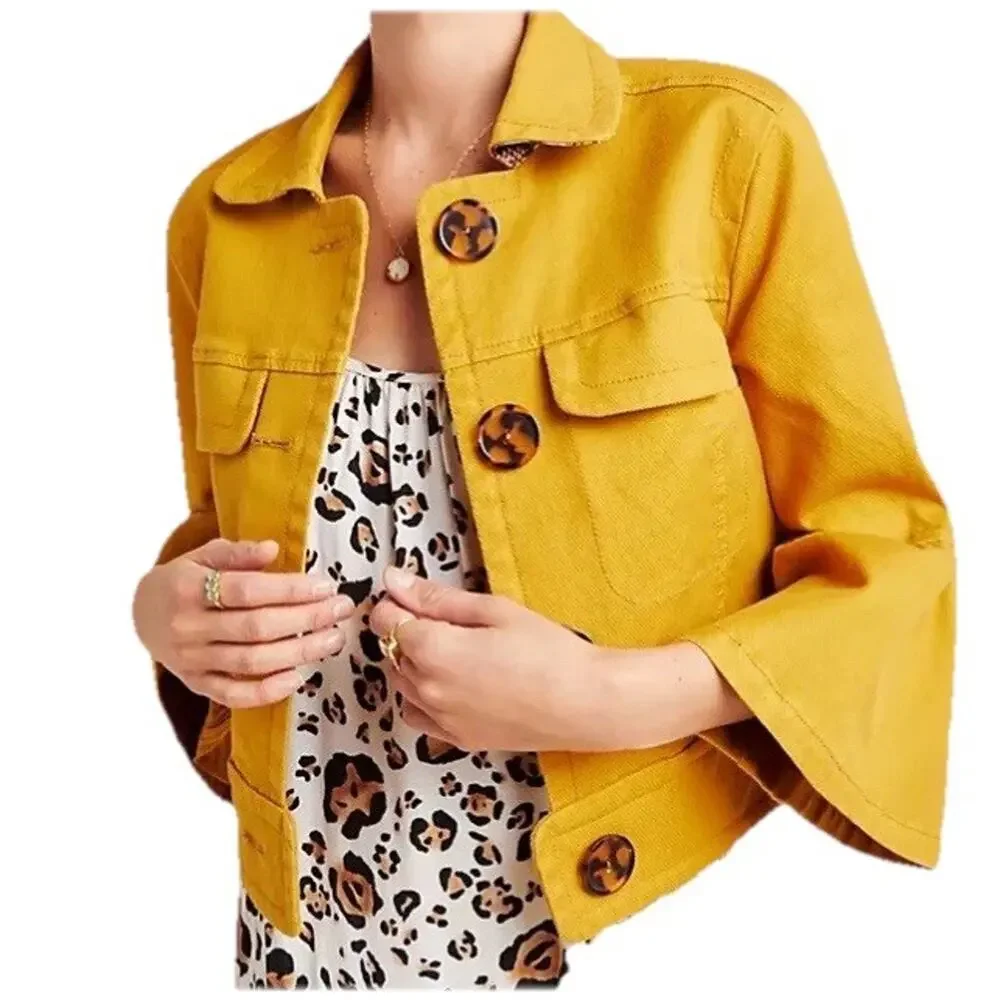 ANTHROPOLGIE Nora Flounce-Sleeved Trucker Short Jacket Small Mustard 3/4 Sleeve - Picture 2 of 11